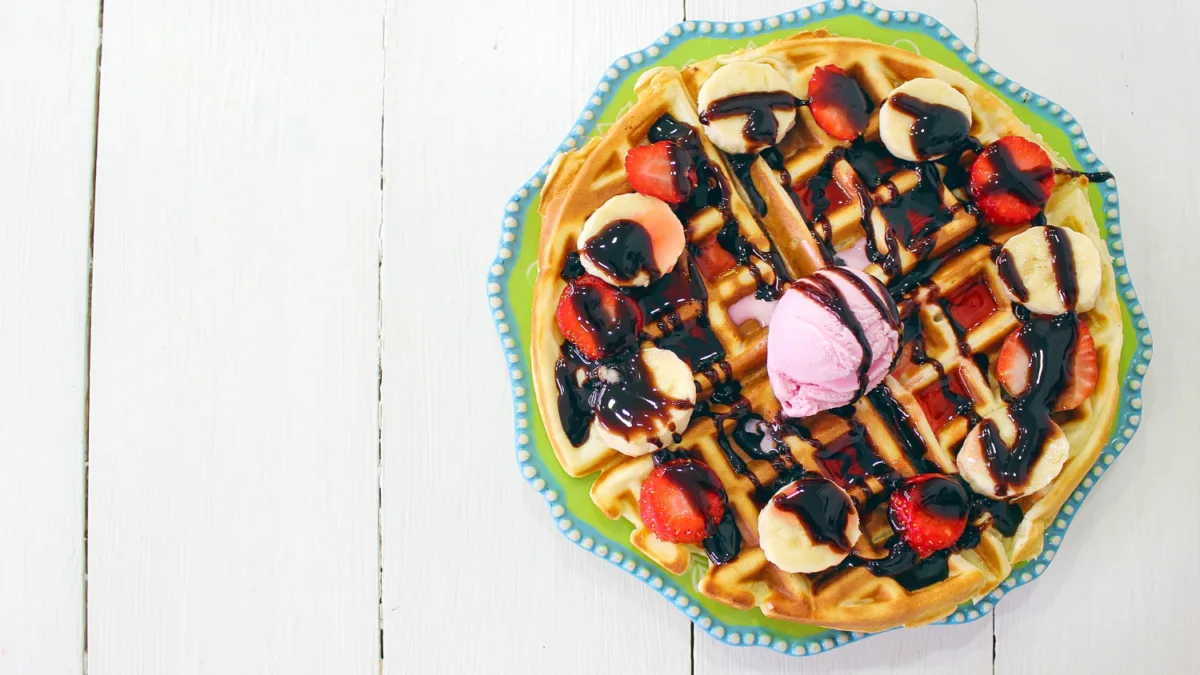 Waffle with Fruit Toppings, Ice Cream and Sauce
